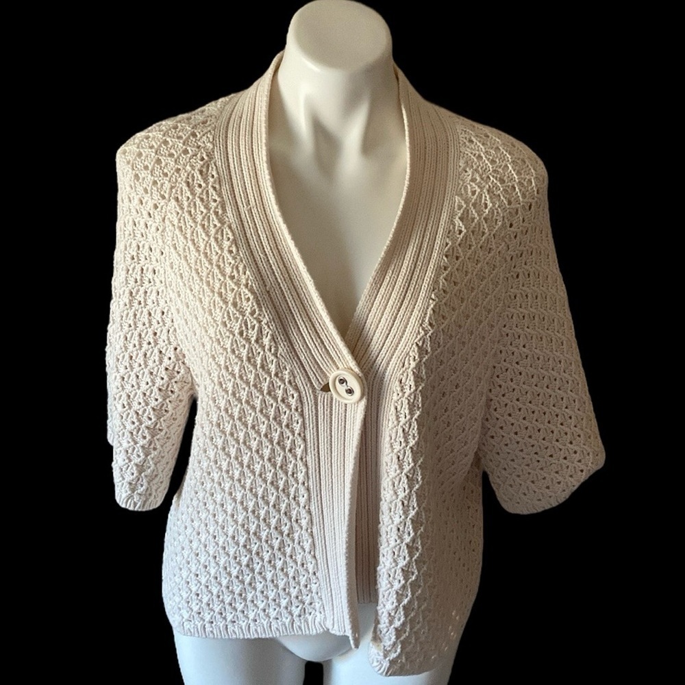 Liz Claiborne Cream Beige Ecru Knit  Button 3/4 Short Sleeve Cotton Sweater Cozy